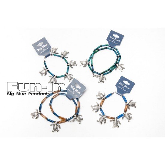 Big Blue Bracelet - Sea Turtle Charm Bracelet with Ceramic Brown-Blue Beads