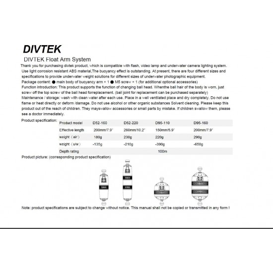 DIVTEK 200mm Float Arm D52-160 (Buoyancy -135g, Removable ball end)