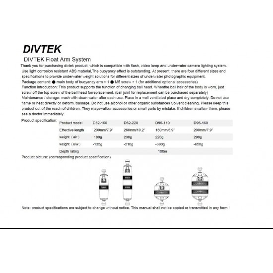 DIVTEK 150mm Mega Float Arm D52-160 (Buoyancy -390g, Removable ball end)