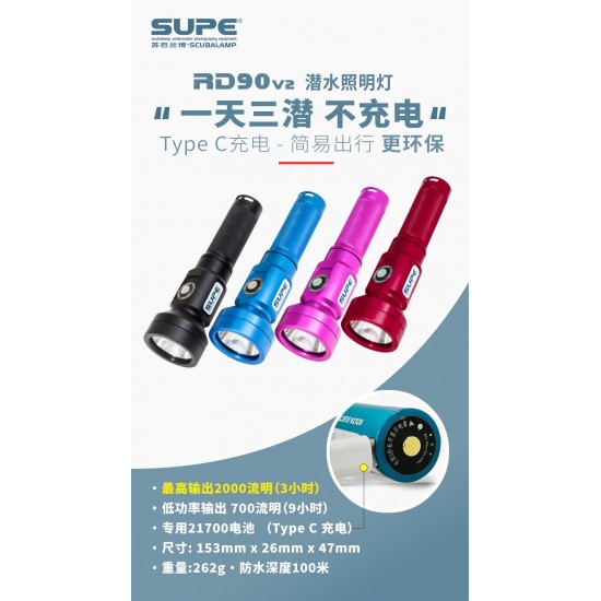 SUPE RD90v2 Diving Light (2000 lumens, Burning time 180mins, support USB Type C charging)