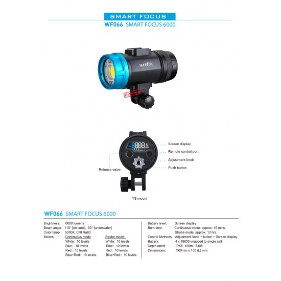 Weefine WF066 Smart Focus 6000 Lumens Video Light with Flash Mode (GN16, Ball mount and WFA41 Optical Collector included)(Discontinued, Succeed by WF081)