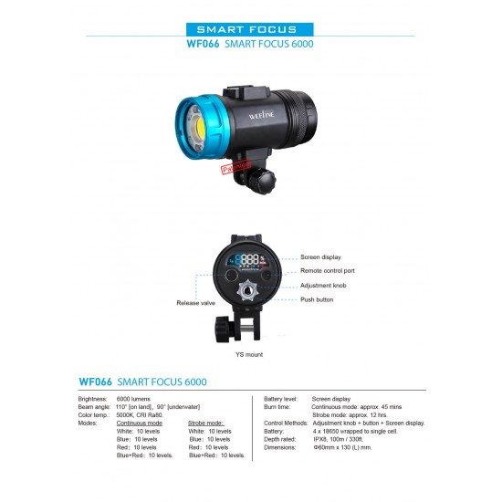 Weefine WF066 Smart Focus 6000 Lumens Video Light with Flash Mode (GN16, Ball mount and WFA41 Optical Collector included)(Discontinued, Succeed by WF081) Weefine WF066 Smart Focus 6000 Lumens Video Light with Flash Mode (GN16, Ball mount and WFA41 Optical Collector included)(Discontinued, Succeed by WF081)