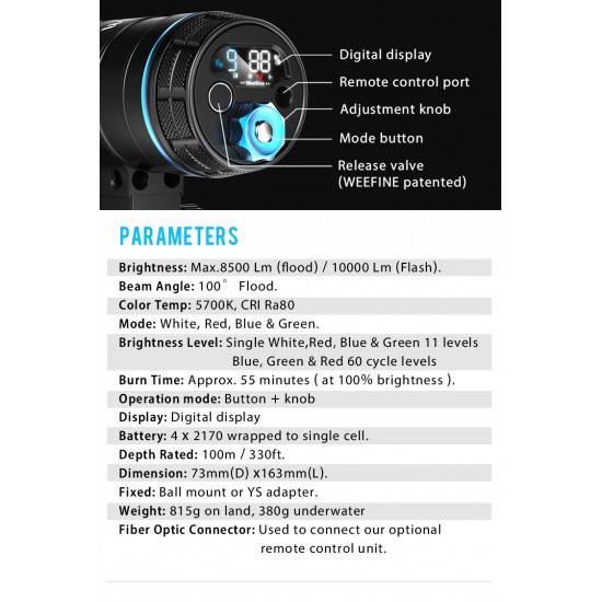 Weefine Smart Focus 10000 Lumens Video Light with Flash Mode (Ra80)